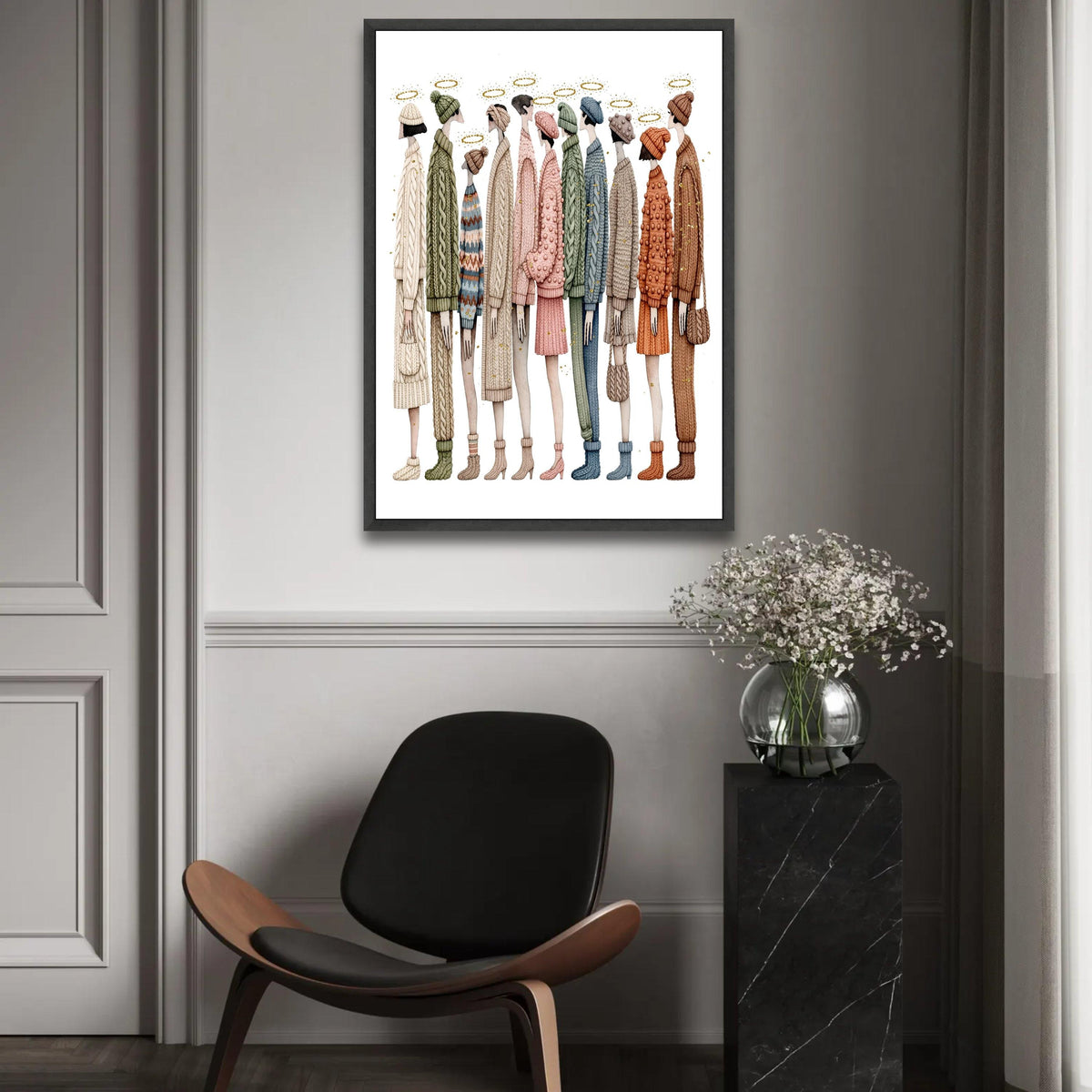 Cozy Knitwear Fashion Lineup, Winter Sweater and Hat Canvas, Contemporary Figurative Art, Warm Clothing Wall Decor, Ready To Hang Decoration