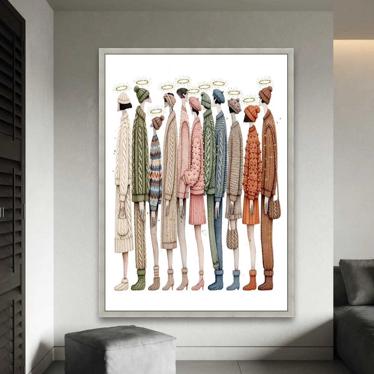 Cozy Knitwear Fashion Lineup, Winter Sweater and Hat Canvas, Contemporary Figurative Art, Warm Clothing Wall Decor, Ready To Hang Decoration