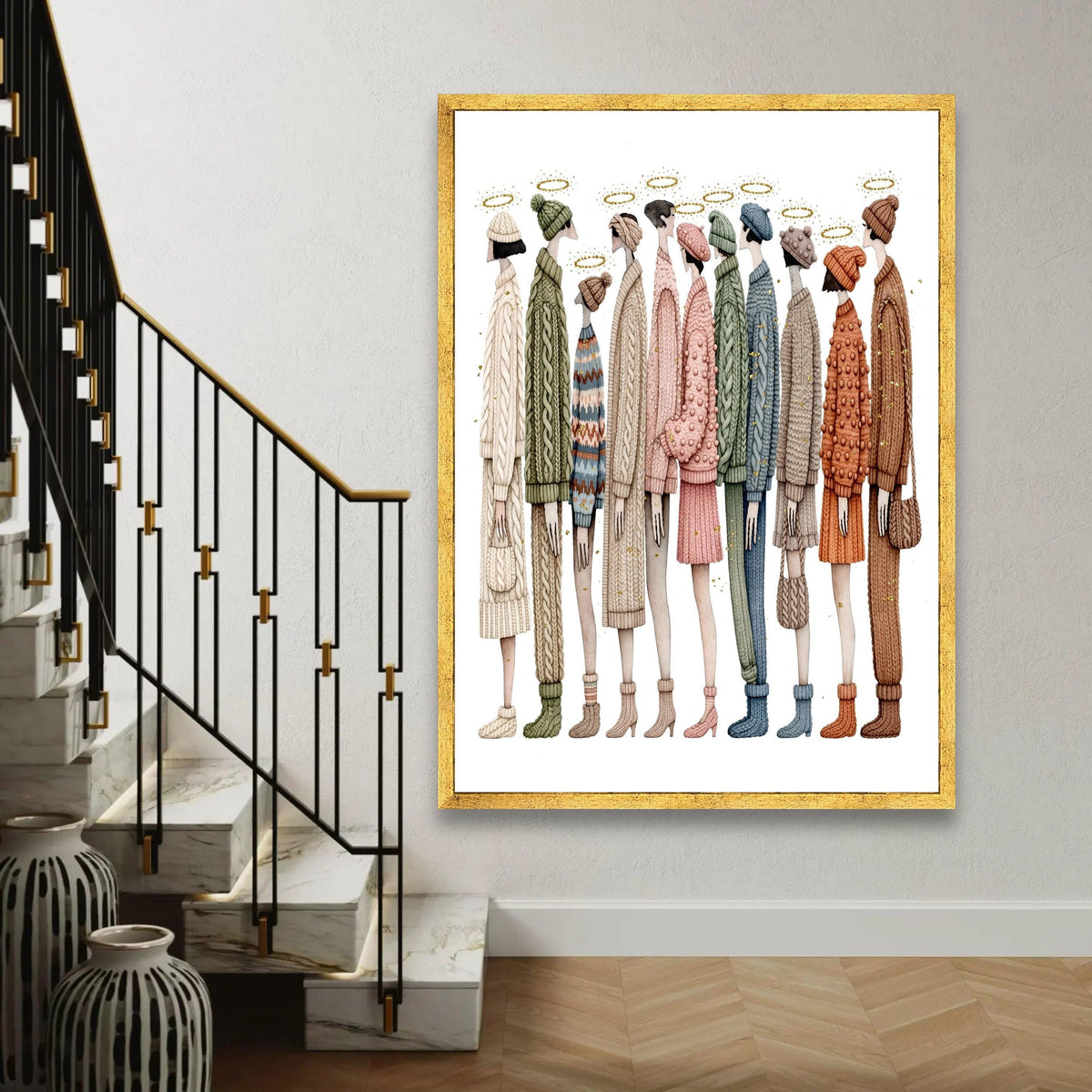 Cozy Knitwear Fashion Lineup, Winter Sweater and Hat Canvas, Contemporary Figurative Art, Warm Clothing Wall Decor, Ready To Hang Decoration