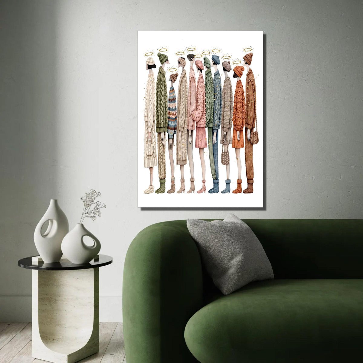 Cozy Knitwear Fashion Lineup, Winter Sweater and Hat Canvas, Contemporary Figurative Art, Warm Clothing Wall Decor, Ready To Hang Decoration