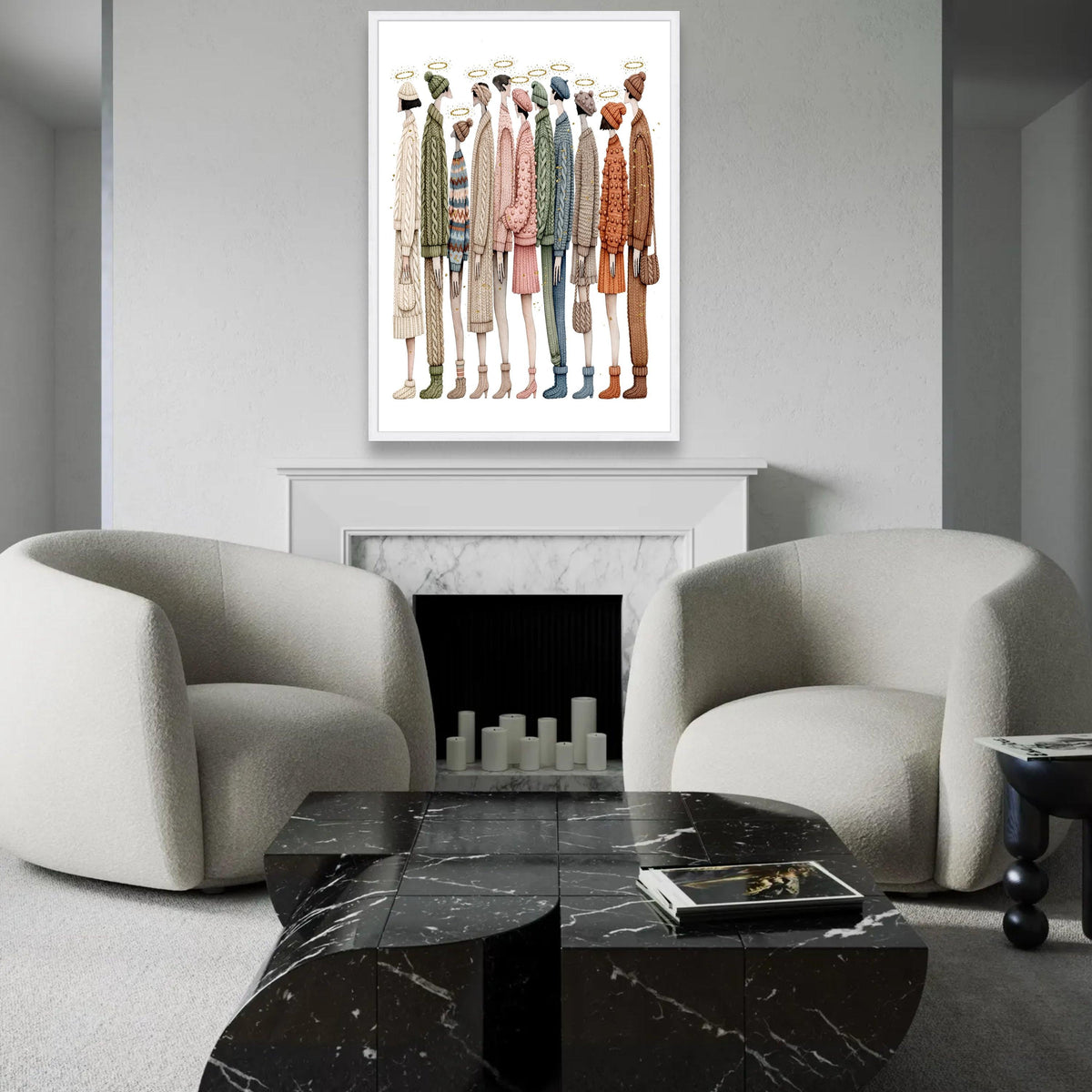 Cozy Knitwear Fashion Lineup, Winter Sweater and Hat Canvas, Contemporary Figurative Art, Warm Clothing Wall Decor, Ready To Hang Decoration