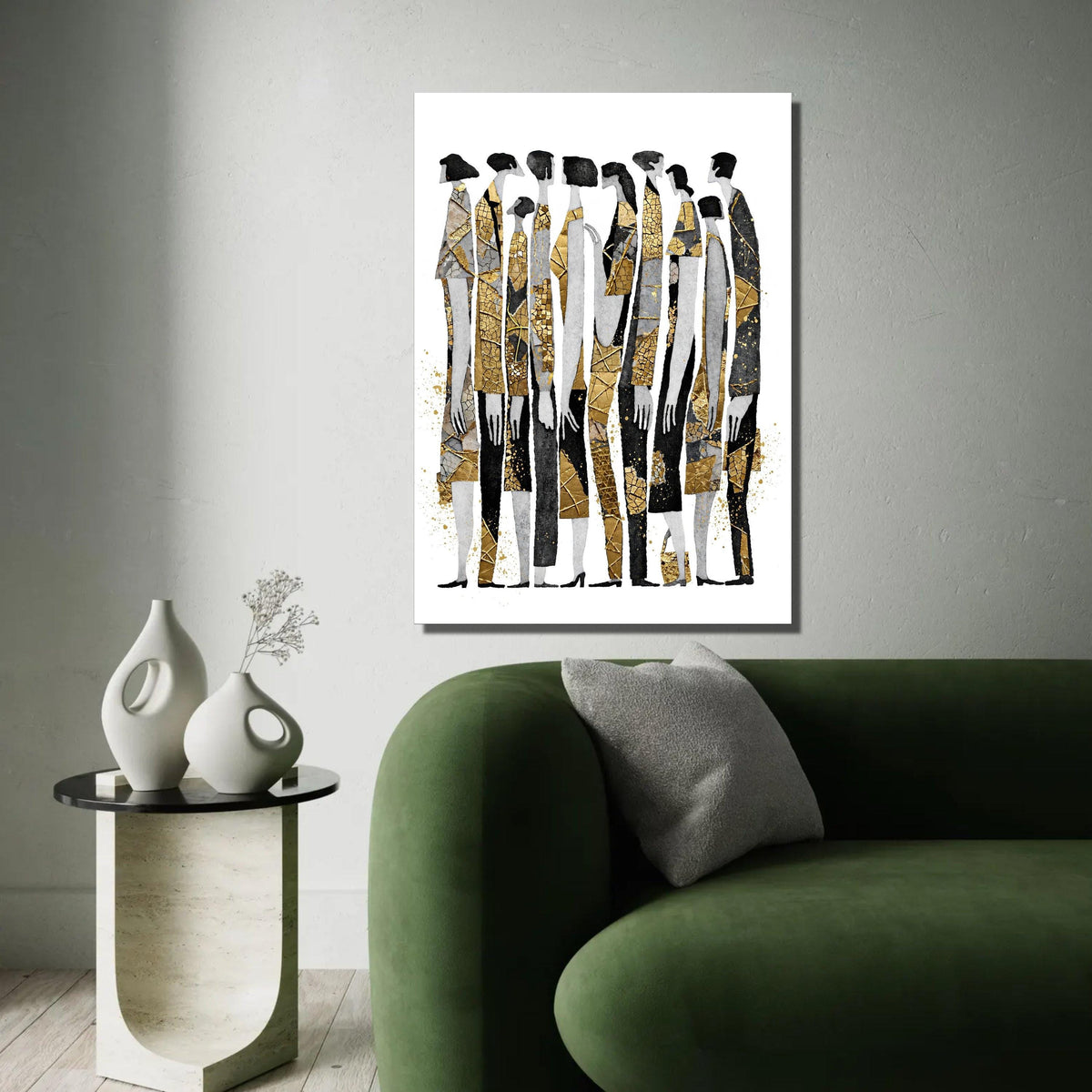 Abstract Group Silhouettes Canvas, Gold Accents Wall Art, Modern Figures Design, Contemporary Home Decoration, Ready To Hang Decoration