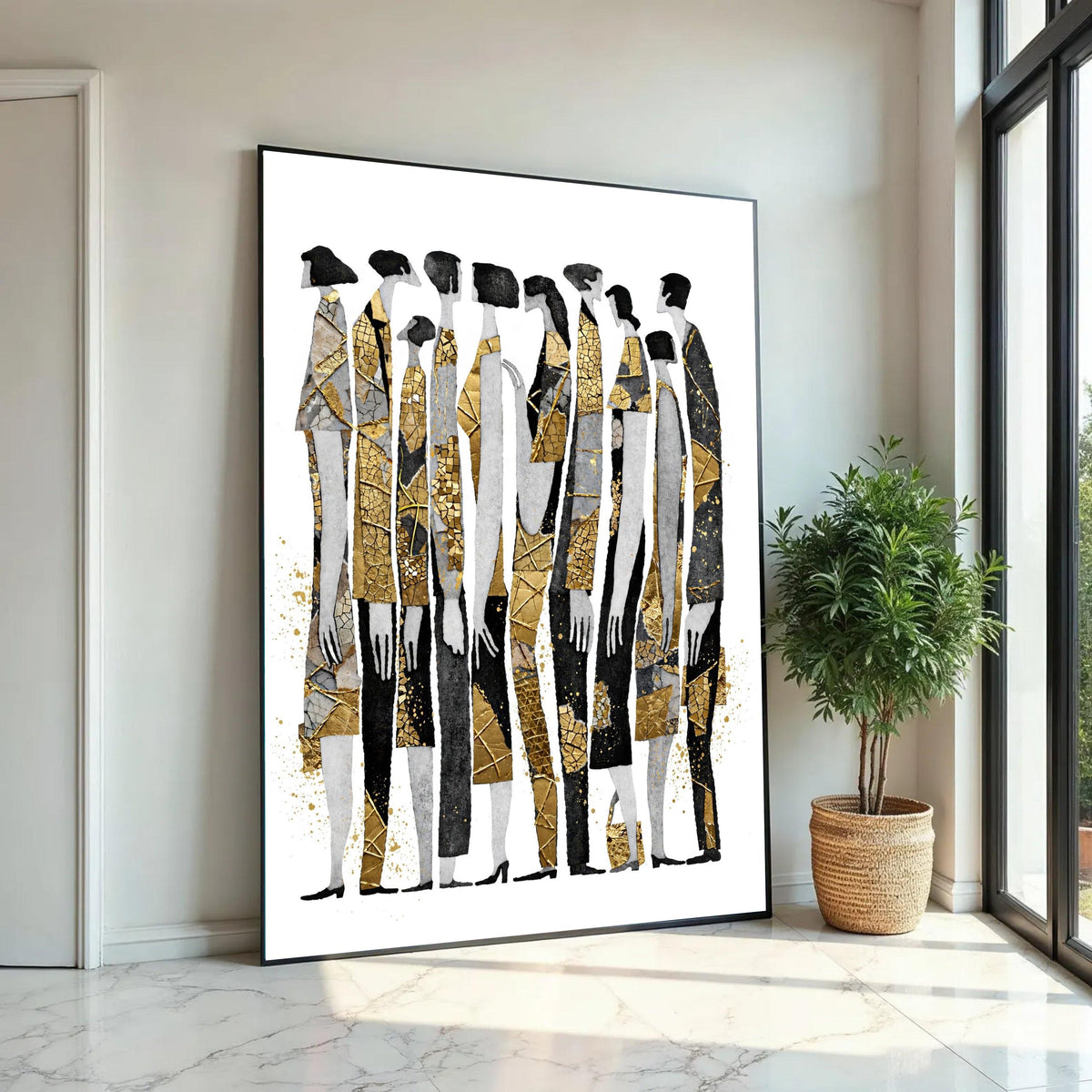 Abstract Group Silhouettes Canvas, Gold Accents Wall Art, Modern Figures Design, Contemporary Home Decoration, Ready To Hang Decoration