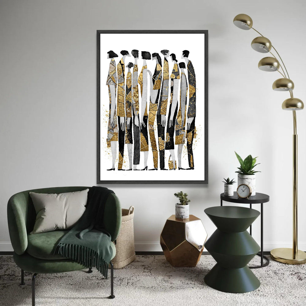 Abstract Group Silhouettes Canvas, Gold Accents Wall Art, Modern Figures Design, Contemporary Home Decoration, Ready To Hang Decoration