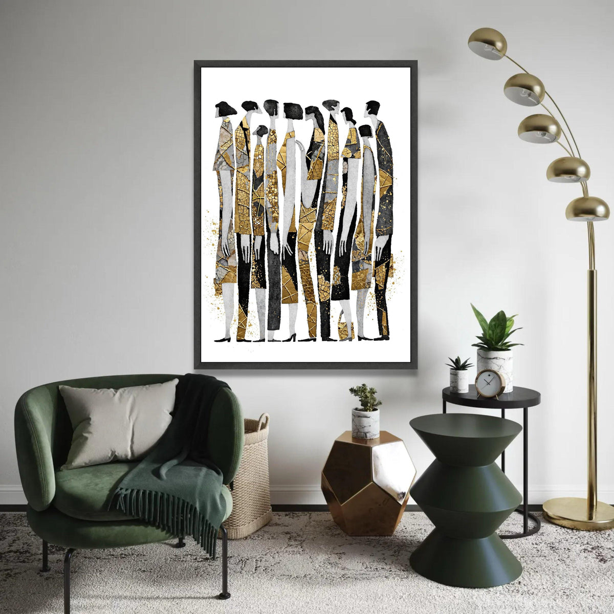 Abstract Group Silhouettes Canvas, Gold Accents Wall Art, Modern Figures Design, Contemporary Home Decoration, Ready To Hang Decoration