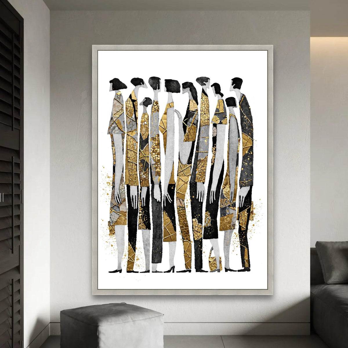Abstract Group Silhouettes Canvas, Gold Accents Wall Art, Modern Figures Design, Contemporary Home Decoration, Ready To Hang Decoration