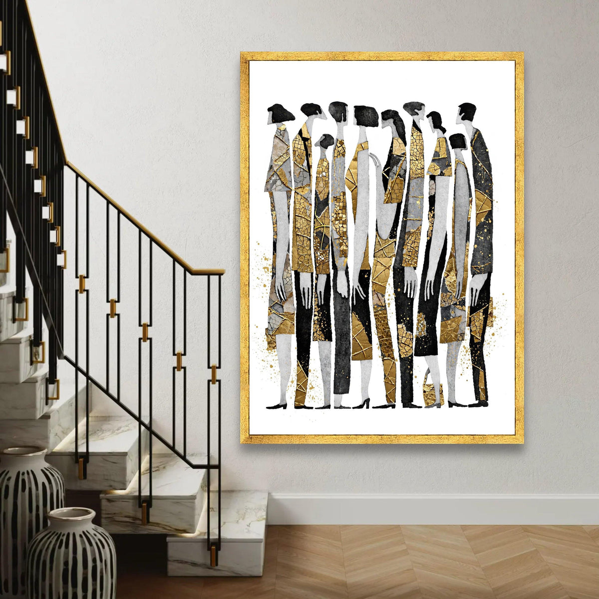 Abstract Group Silhouettes Canvas, Gold Accents Wall Art, Modern Figures Design, Contemporary Home Decoration, Ready To Hang Decoration