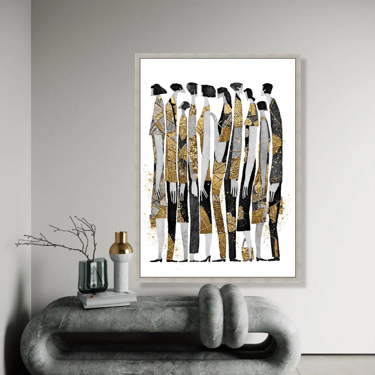 Abstract Group Silhouettes Canvas, Gold Accents Wall Art, Modern Figures Design, Contemporary Home Decoration, Ready To Hang Decoration
