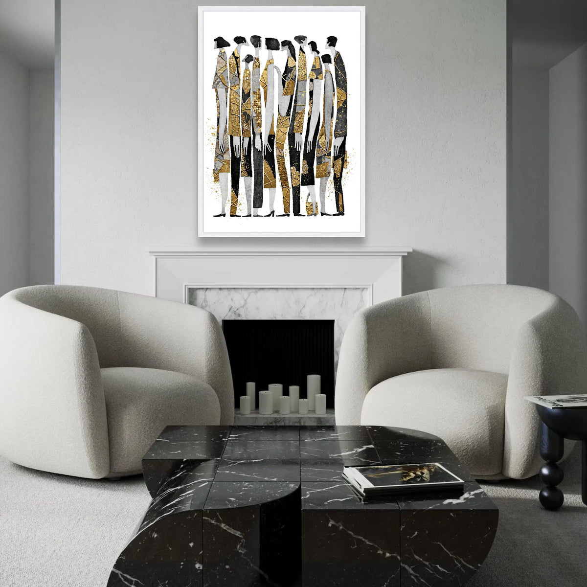 Abstract Group Silhouettes Canvas, Gold Accents Wall Art, Modern Figures Design, Contemporary Home Decoration, Ready To Hang Decoration