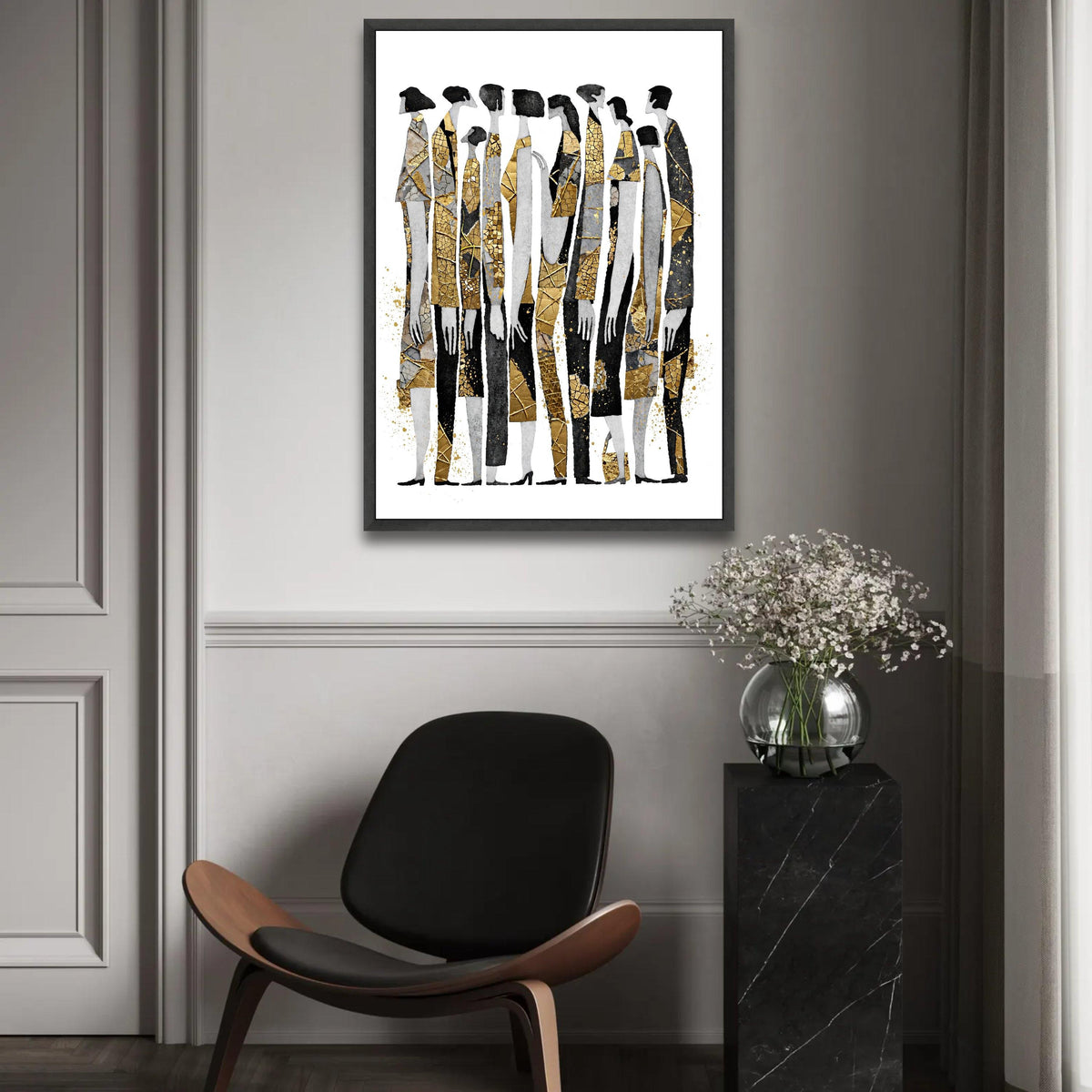 Abstract Group Silhouettes Canvas, Gold Accents Wall Art, Modern Figures Design, Contemporary Home Decoration, Ready To Hang Decoration
