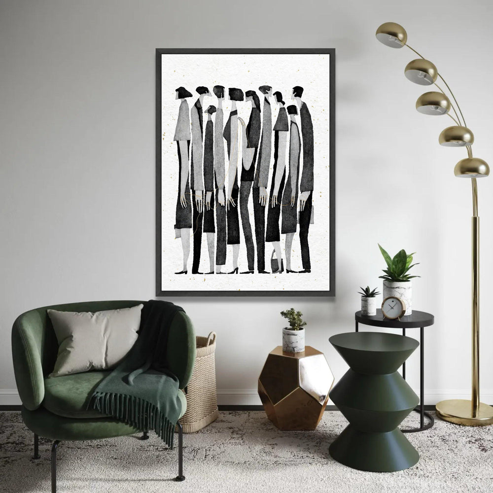Contemporary Black and White Silhouettes Canvas, Abstract People Art, Modern Minimalist Wall Decor, Group Figures Ready To Hang Decoration