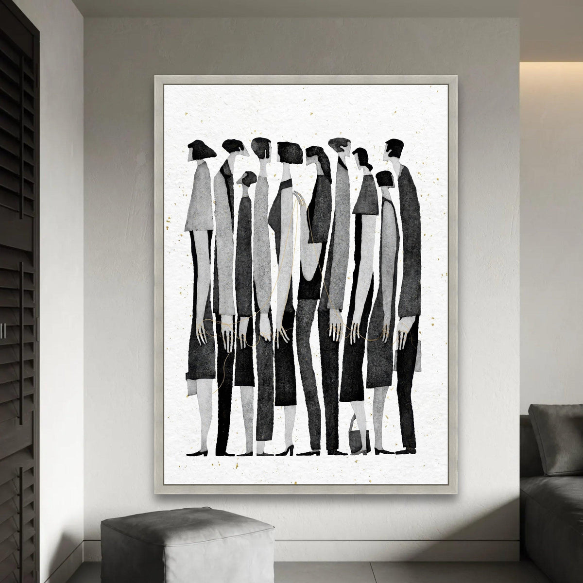 Contemporary Black and White Silhouettes Canvas, Abstract People Art, Modern Minimalist Wall Decor, Group Figures Ready To Hang Decoration
