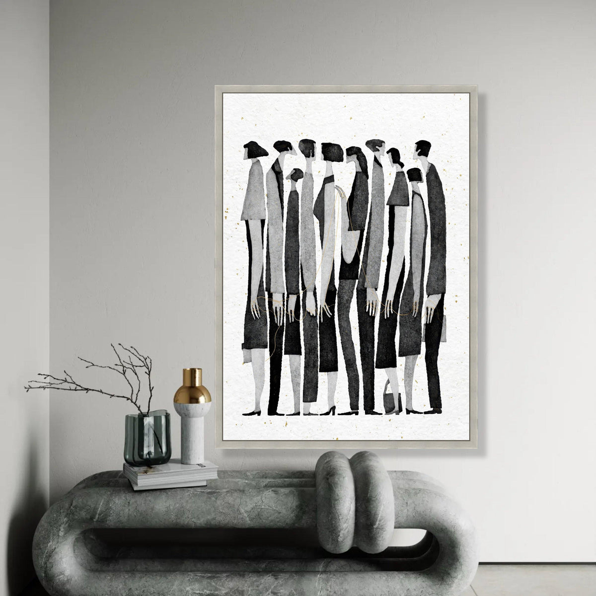 Contemporary Black and White Silhouettes Canvas, Abstract People Art, Modern Minimalist Wall Decor, Group Figures Ready To Hang Decoration
