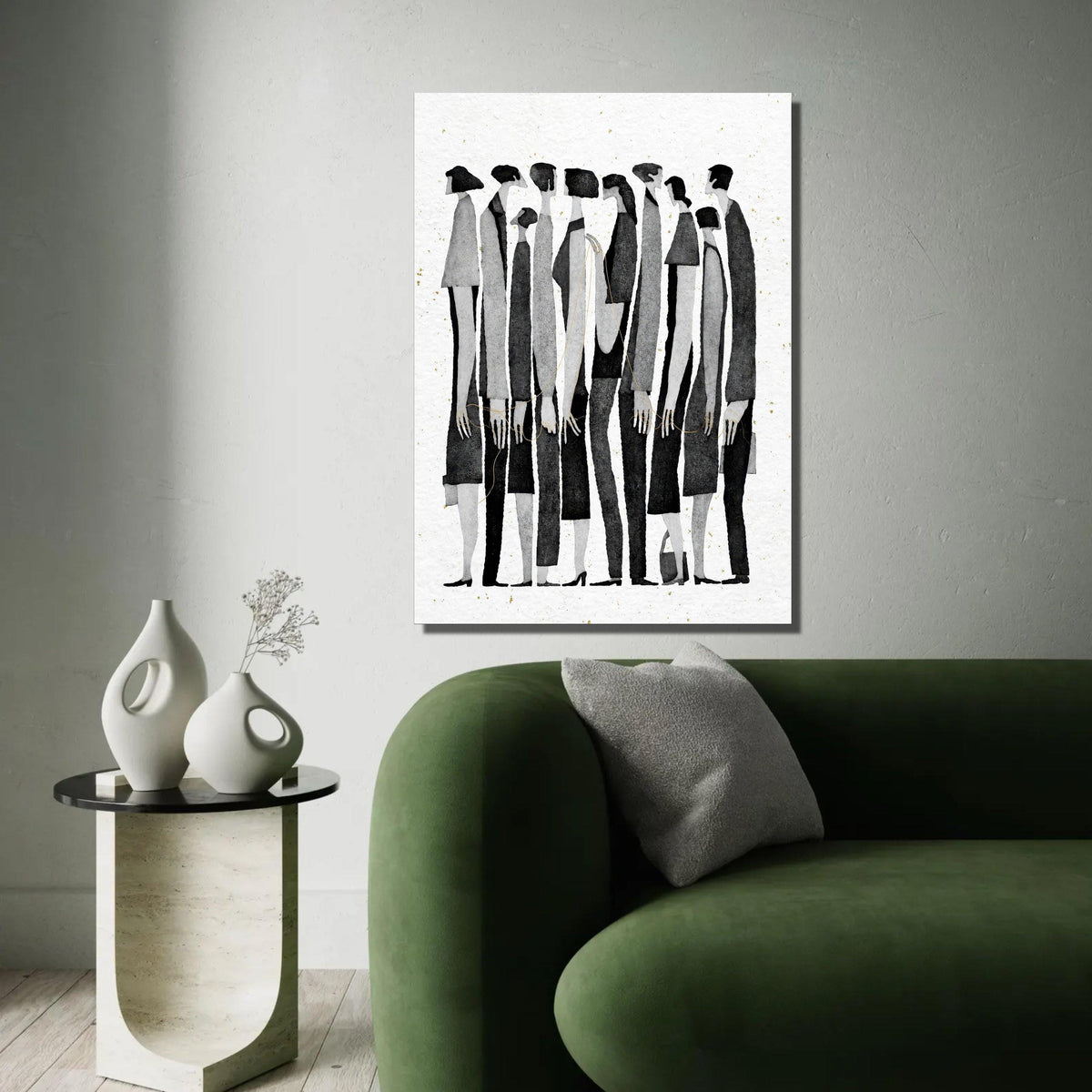 Contemporary Black and White Silhouettes Canvas, Abstract People Art, Modern Minimalist Wall Decor, Group Figures Ready To Hang Decoration