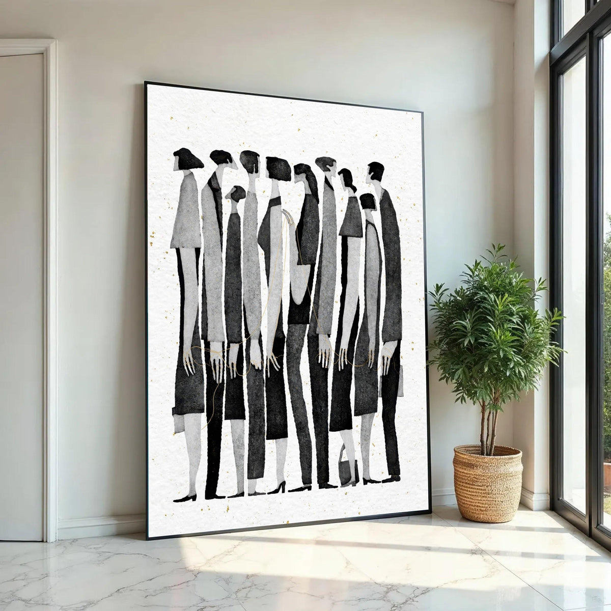Contemporary Black and White Silhouettes Canvas, Abstract People Art, Modern Minimalist Wall Decor, Group Figures Ready To Hang Decoration