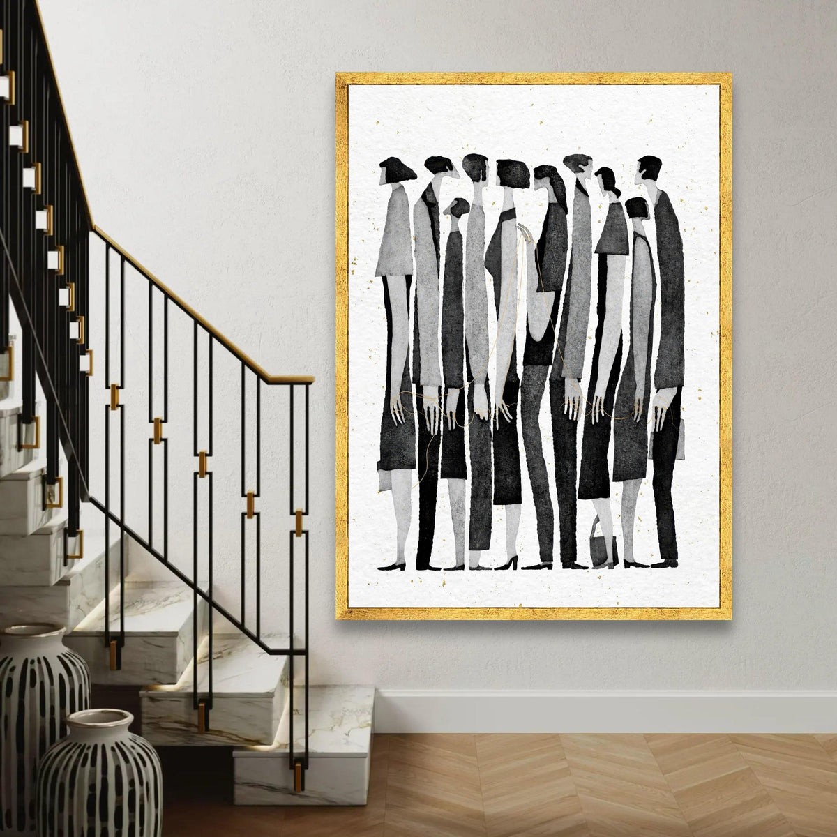Contemporary Black and White Silhouettes Canvas, Abstract People Art, Modern Minimalist Wall Decor, Group Figures Ready To Hang Decoration