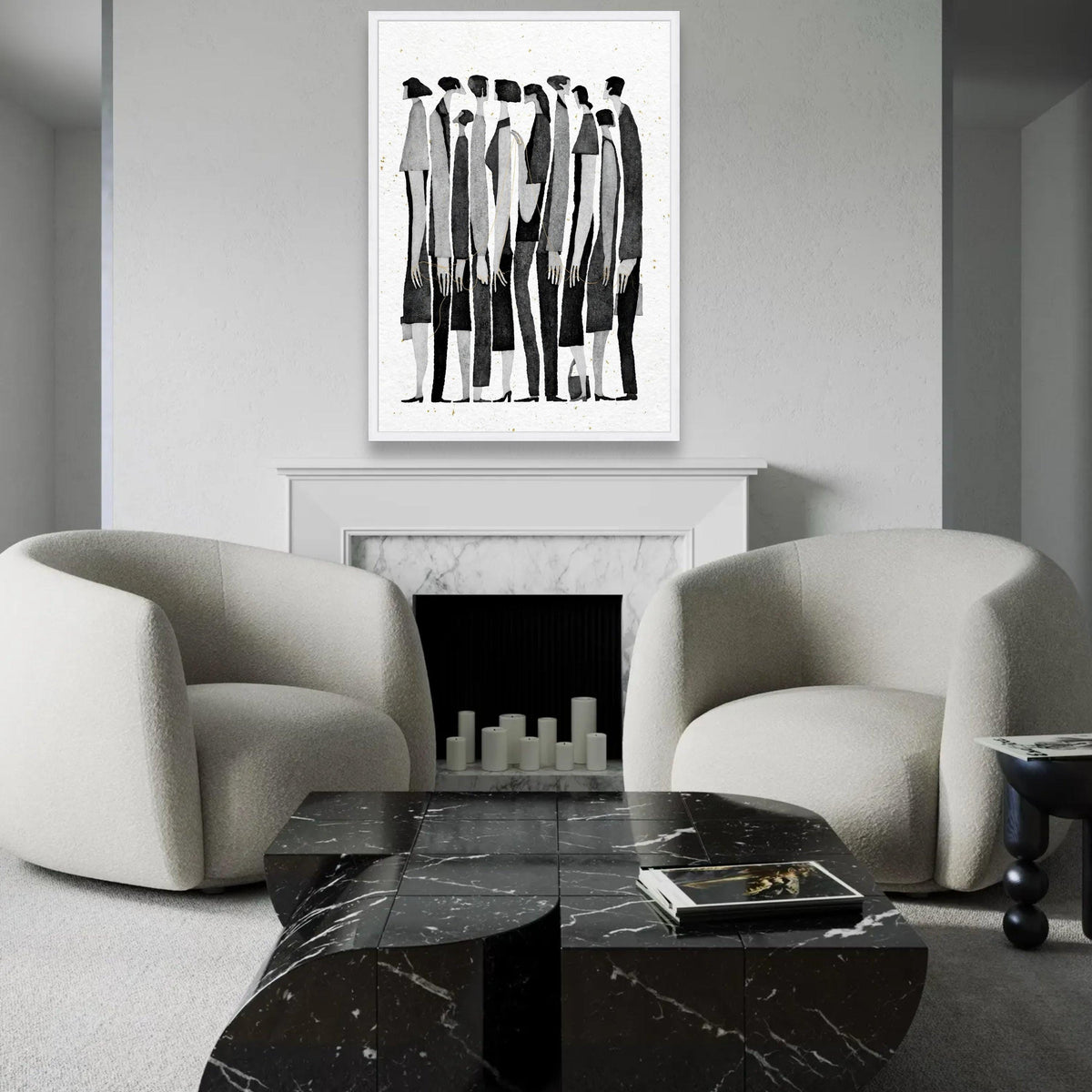 Contemporary Black and White Silhouettes Canvas, Abstract People Art, Modern Minimalist Wall Decor, Group Figures Ready To Hang Decoration