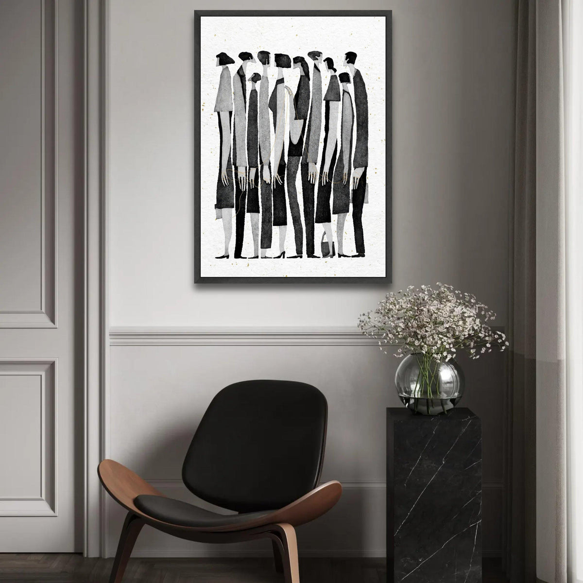 Contemporary Black and White Silhouettes Canvas, Abstract People Art, Modern Minimalist Wall Decor, Group Figures Ready To Hang Decoration