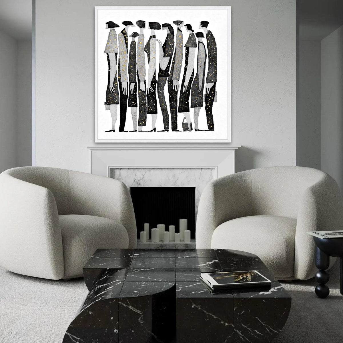 Abstract People Lineup Canvas Wall Art, Black and Gray Figures with Gold Star Accents, Modern Minimalist Home Ready To Hang Decoration