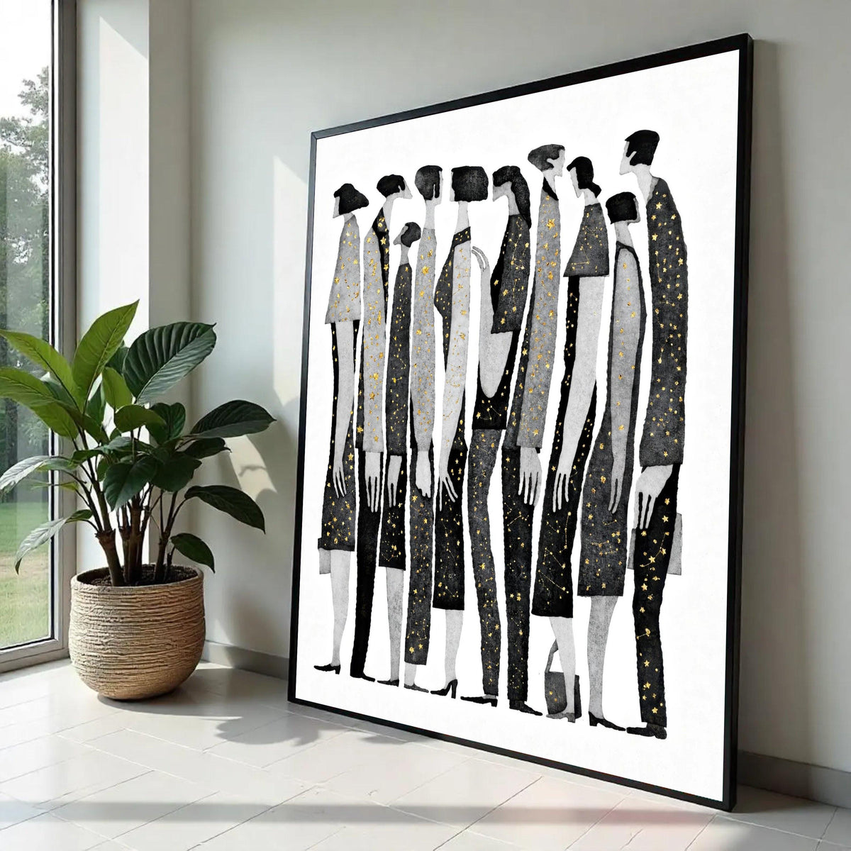 Abstract People Lineup Canvas Wall Art, Black and Gray Figures with Gold Star Accents, Modern Minimalist Home Ready To Hang Decoration