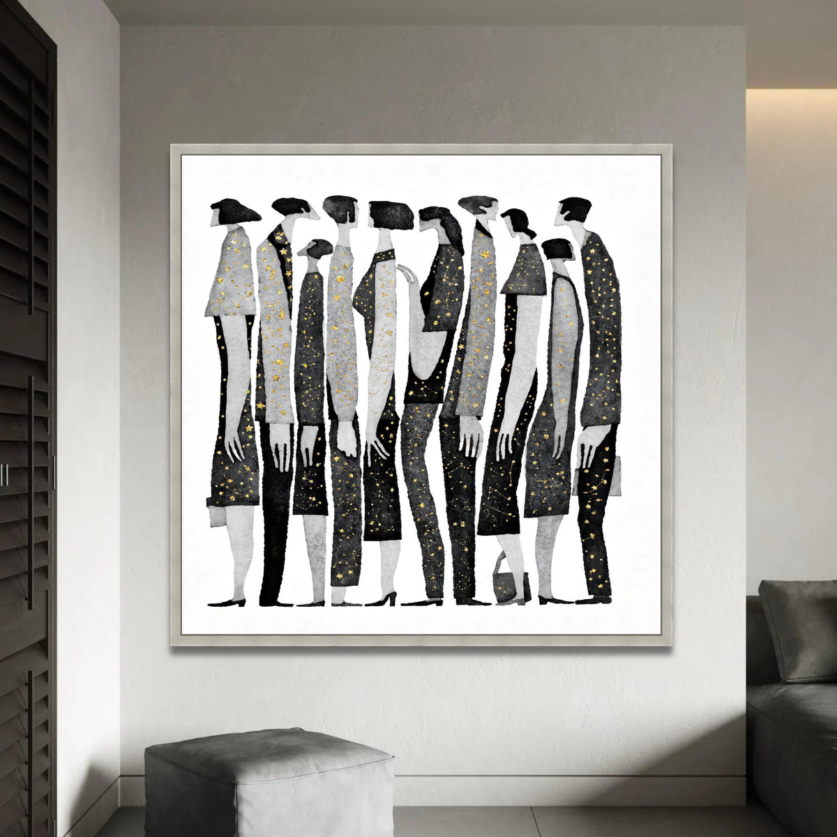Abstract People Lineup Canvas Wall Art, Black and Gray Figures with Gold Star Accents, Modern Minimalist Home Ready To Hang Decoration