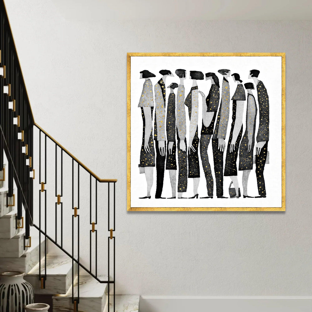 Abstract People Lineup Canvas Wall Art, Black and Gray Figures with Gold Star Accents, Modern Minimalist Home Ready To Hang Decoration