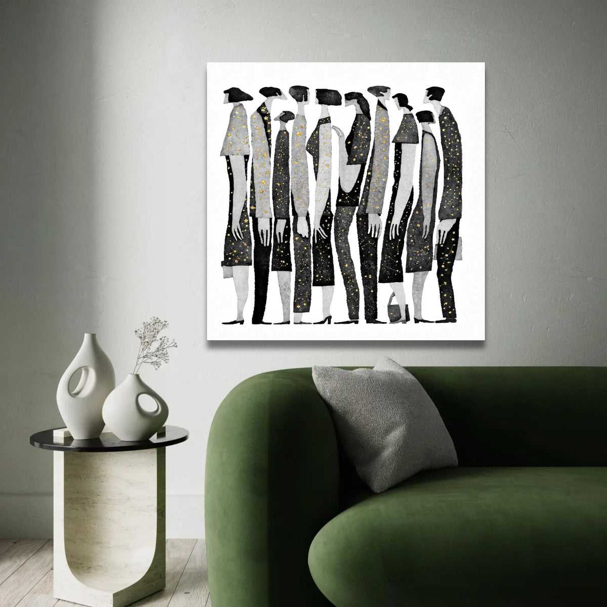 Abstract People Lineup Canvas Wall Art, Black and Gray Figures with Gold Star Accents, Modern Minimalist Home Ready To Hang Decoration