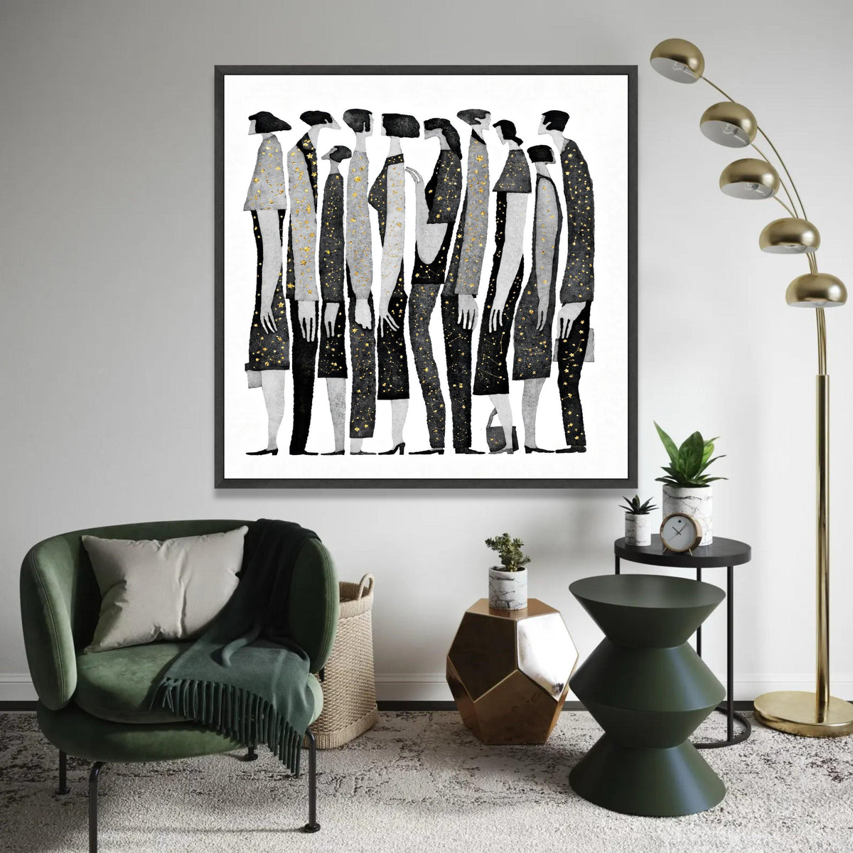 Abstract People Lineup Canvas Wall Art, Black and Gray Figures with Gold Star Accents, Modern Minimalist Home Ready To Hang Decoration