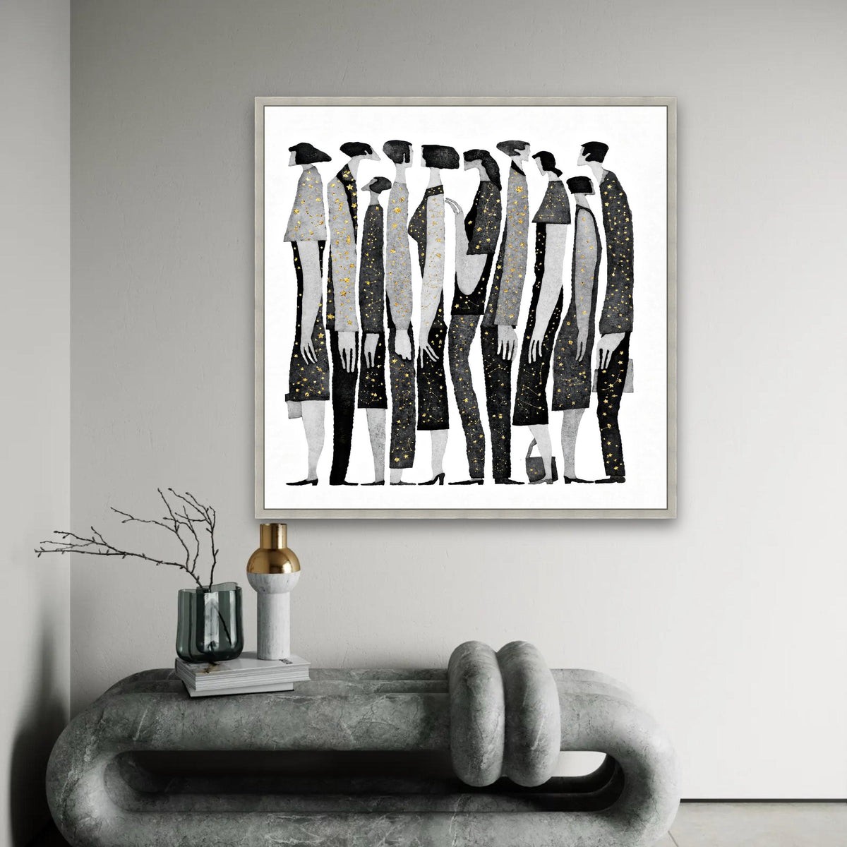 Abstract People Lineup Canvas Wall Art, Black and Gray Figures with Gold Star Accents, Modern Minimalist Home Ready To Hang Decoration