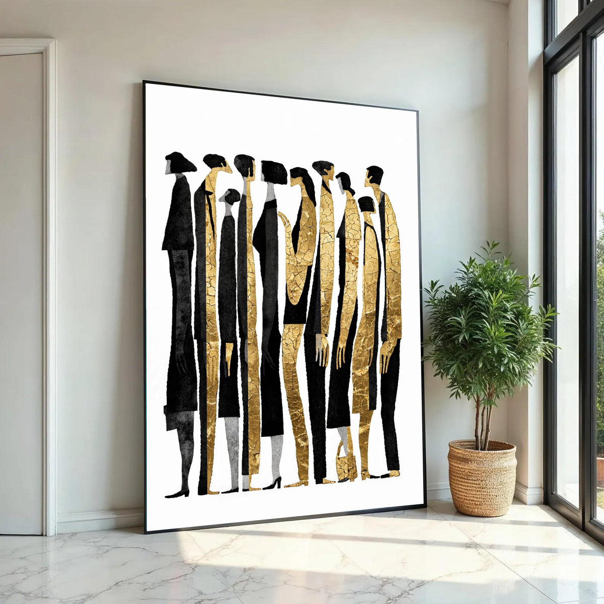 Abstract Human Figures Canvas Wall Art, Modern Gold and Black People Silhouettes, Contemporary Group Portrait Ready To Hang Decoration