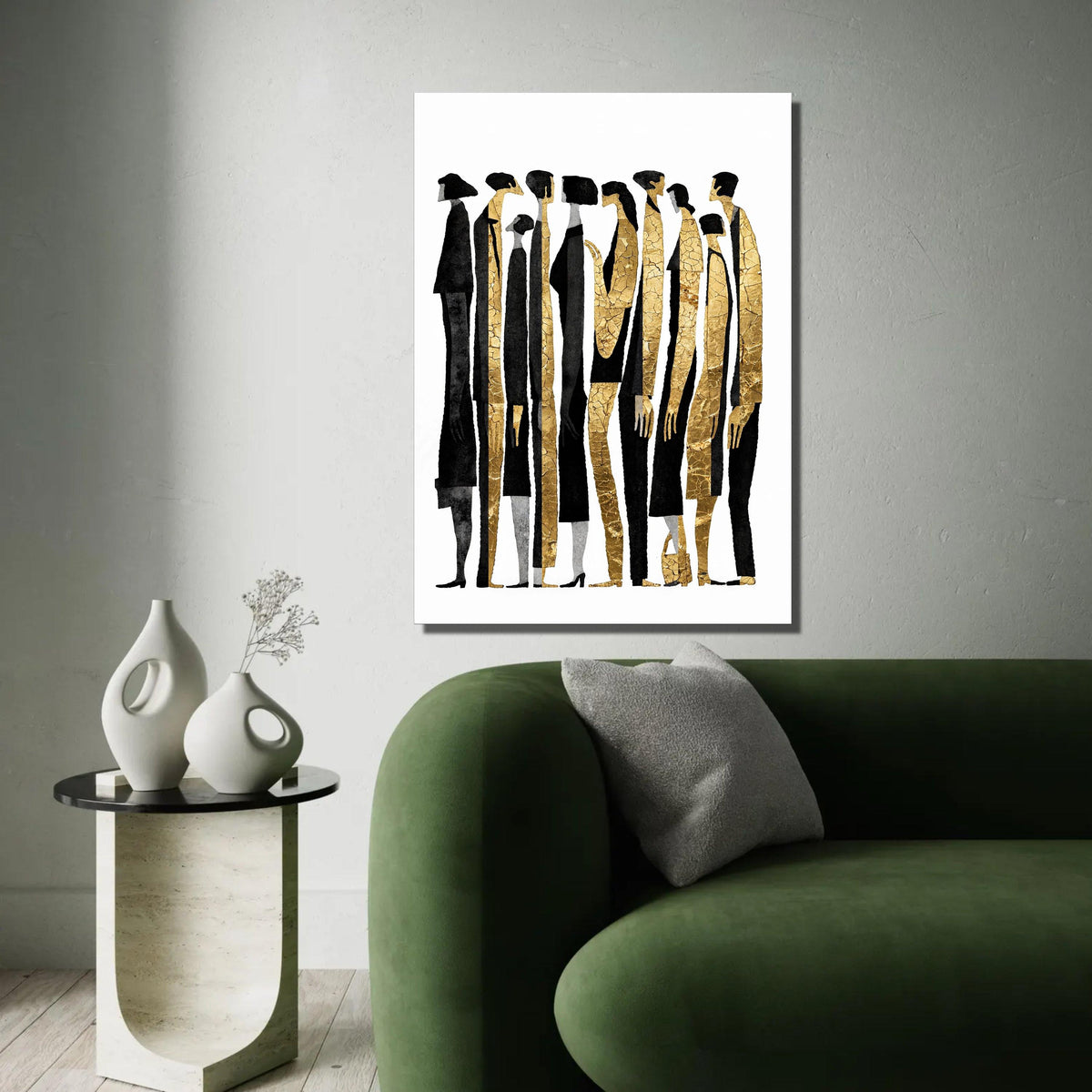 Abstract Human Figures Canvas Wall Art, Modern Gold and Black People Silhouettes, Contemporary Group Portrait Ready To Hang Decoration