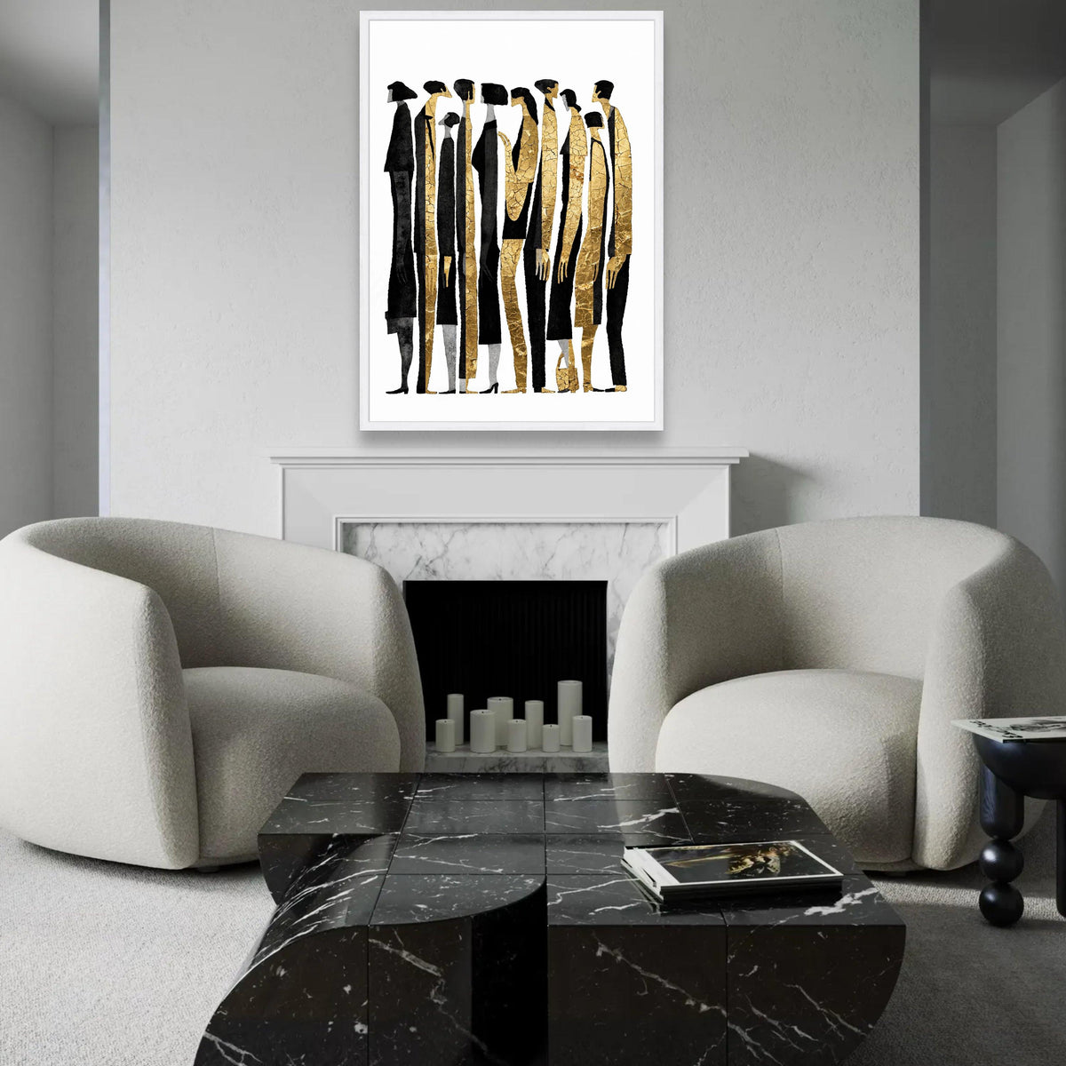 Abstract Human Figures Canvas Wall Art, Modern Gold and Black People Silhouettes, Contemporary Group Portrait Ready To Hang Decoration