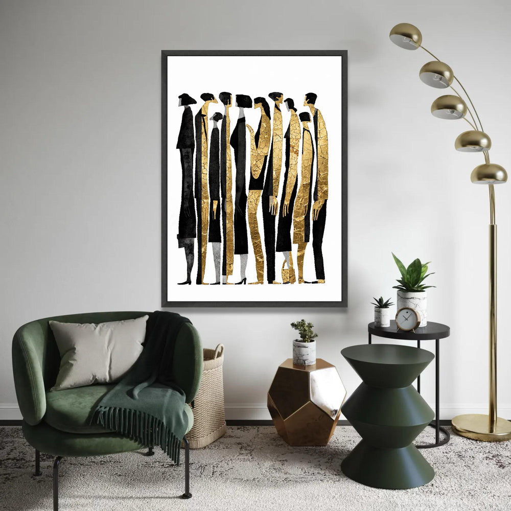Abstract Human Figures Canvas Wall Art, Modern Gold and Black People Silhouettes, Contemporary Group Portrait Ready To Hang Decoration