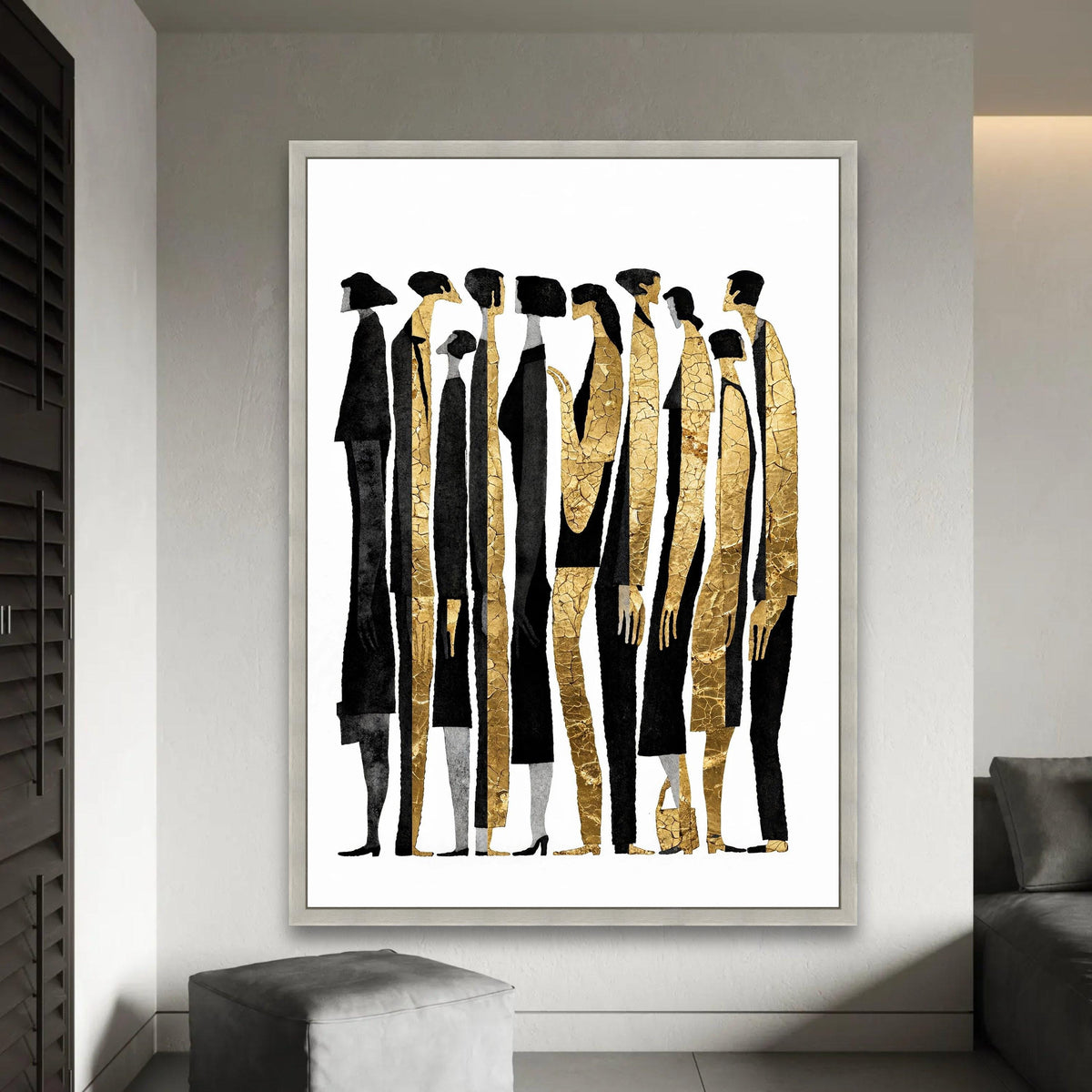 Abstract Human Figures Canvas Wall Art, Modern Gold and Black People Silhouettes, Contemporary Group Portrait Ready To Hang Decoration