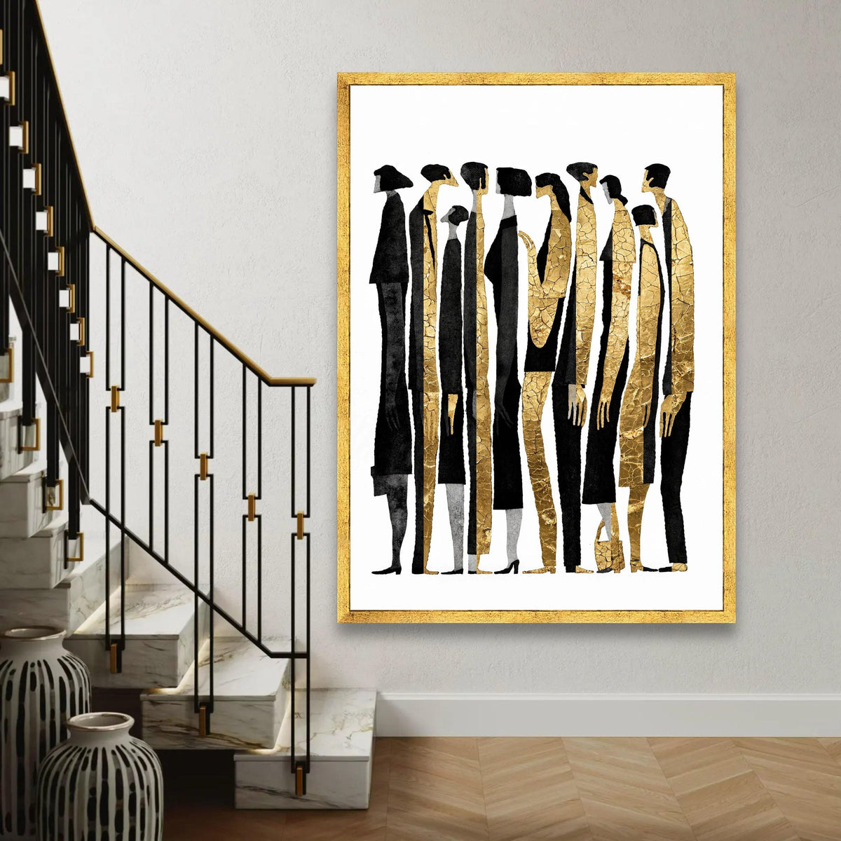 Abstract Human Figures Canvas Wall Art, Modern Gold and Black People Silhouettes, Contemporary Group Portrait Ready To Hang Decoration