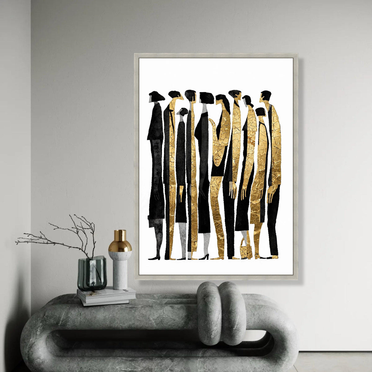 Abstract Human Figures Canvas Wall Art, Modern Gold and Black People Silhouettes, Contemporary Group Portrait Ready To Hang Decoration