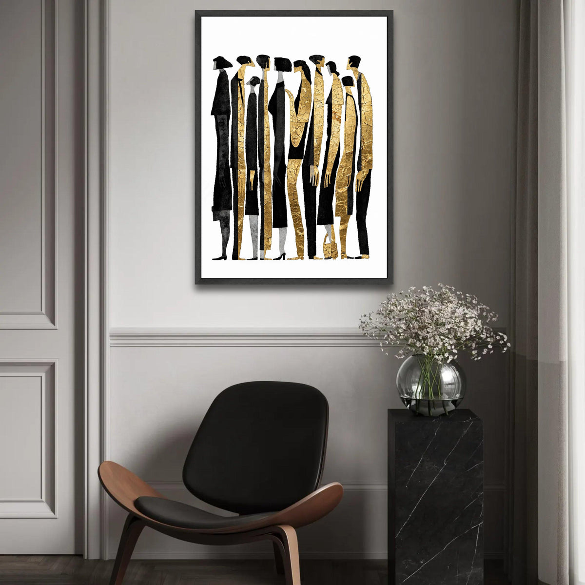Abstract Human Figures Canvas Wall Art, Modern Gold and Black People Silhouettes, Contemporary Group Portrait Ready To Hang Decoration