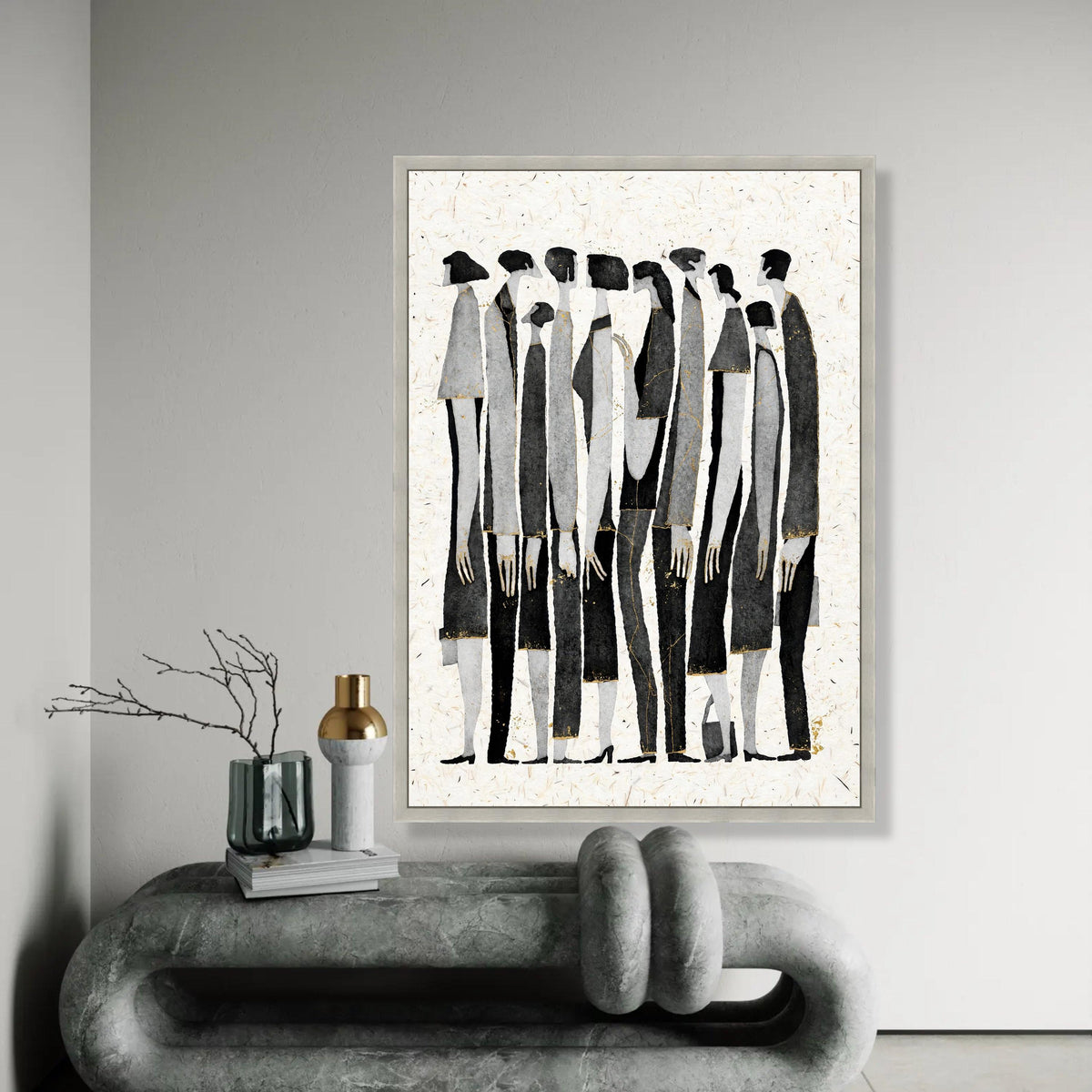 Elegant Abstract Figures Group, Modern Minimalist Canvas Wall Art, Black and Gray Silhouettes, Contemporary Home Ready To Hang Decoration