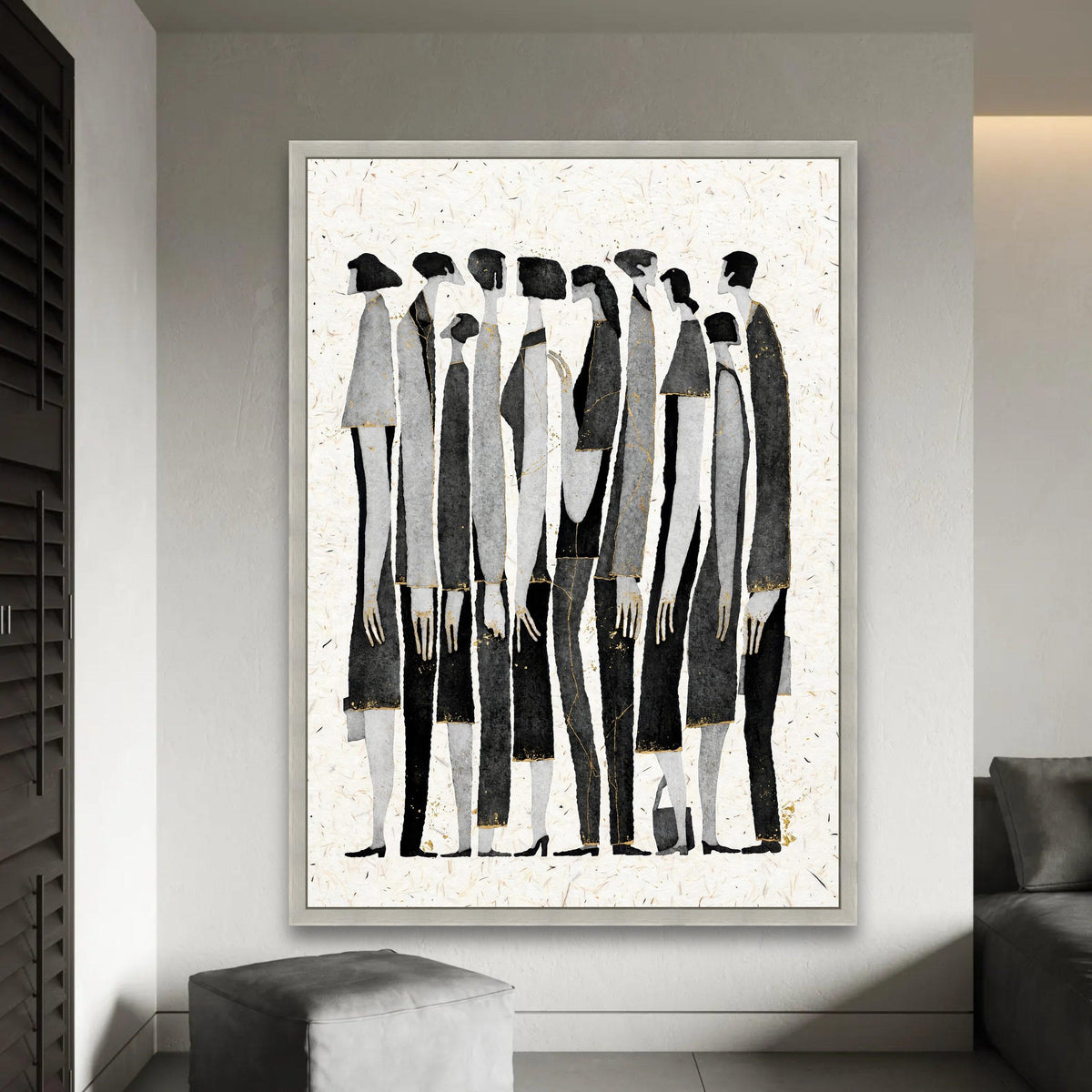 Elegant Abstract Figures Group, Modern Minimalist Canvas Wall Art, Black and Gray Silhouettes, Contemporary Home Ready To Hang Decoration