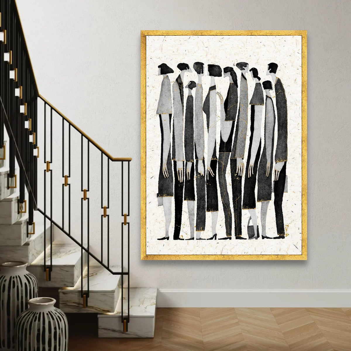 Elegant Abstract Figures Group, Modern Minimalist Canvas Wall Art, Black and Gray Silhouettes, Contemporary Home Ready To Hang Decoration