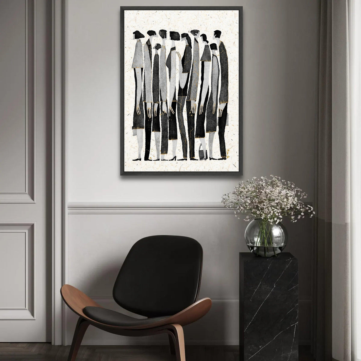 Elegant Abstract Figures Group, Modern Minimalist Canvas Wall Art, Black and Gray Silhouettes, Contemporary Home Ready To Hang Decoration