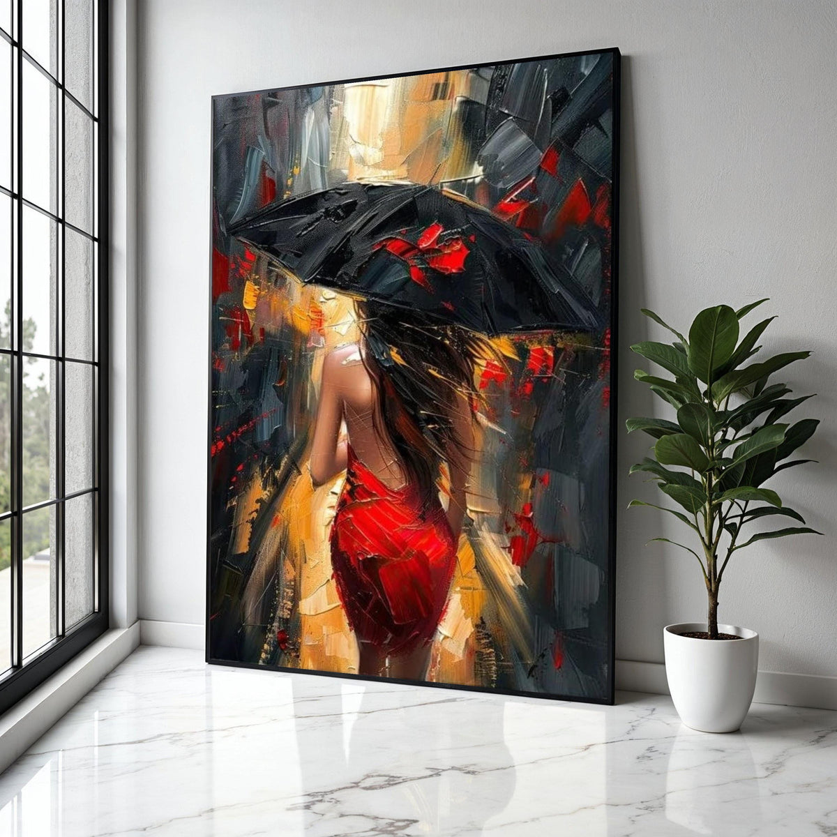 Woman in Red Dress with Black Umbrella Canvas, Abstract Cityscape Wall Art, Modern Urban Scene Painting, Impasto Gift Art, Home Decor, Print