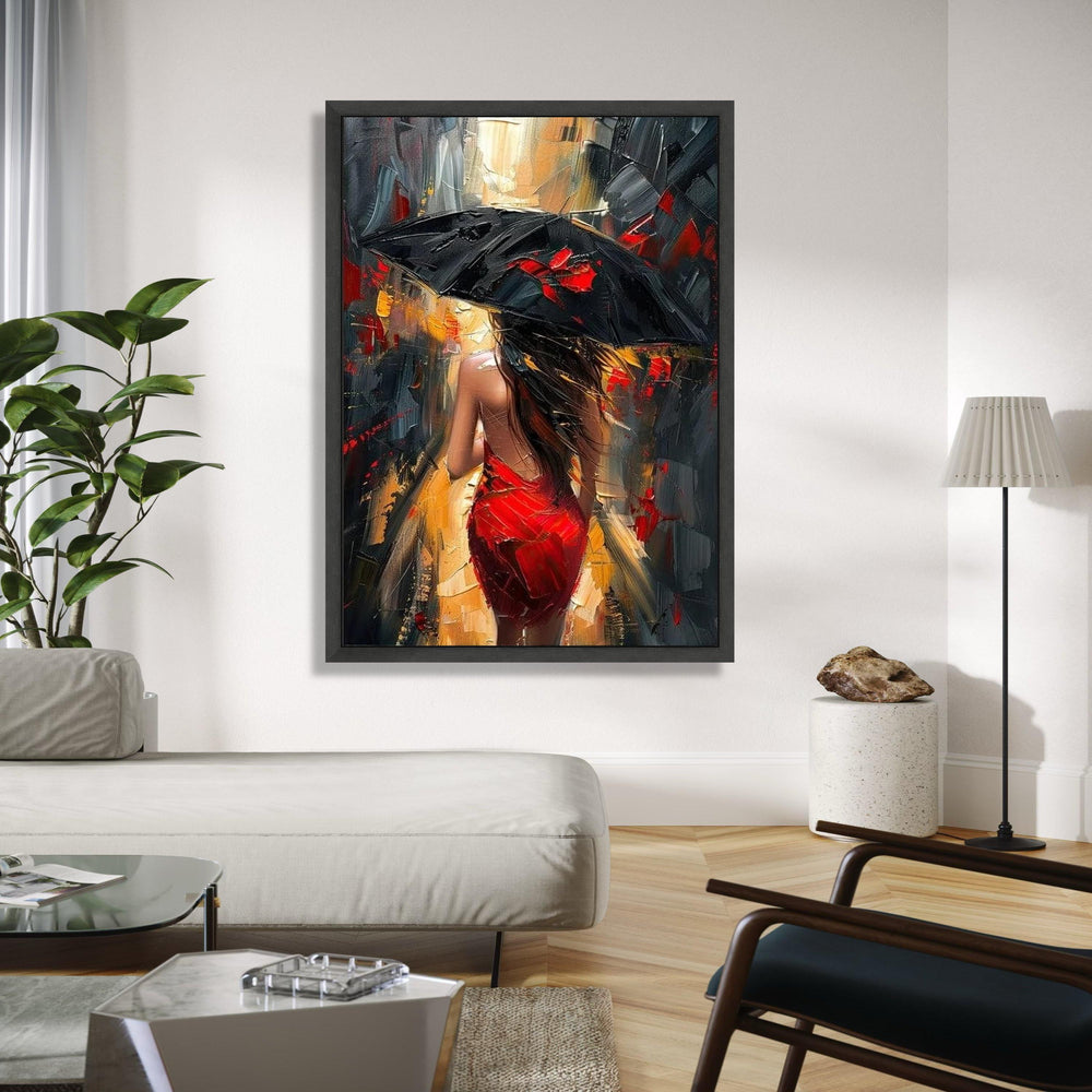 Woman in Red Dress with Black Umbrella Canvas, Abstract Cityscape Wall Art, Modern Urban Scene Painting, Impasto Gift Art, Home Decor, Print