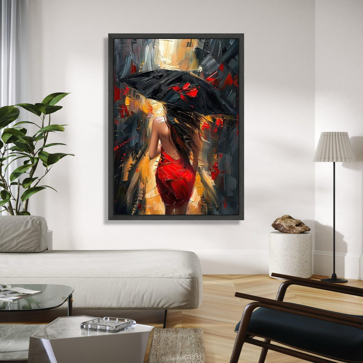 Woman in Red Dress with Black Umbrella Canvas, Abstract Cityscape Wall Art, Modern Urban Scene Painting, Impasto Gift Art, Home Decor, Print