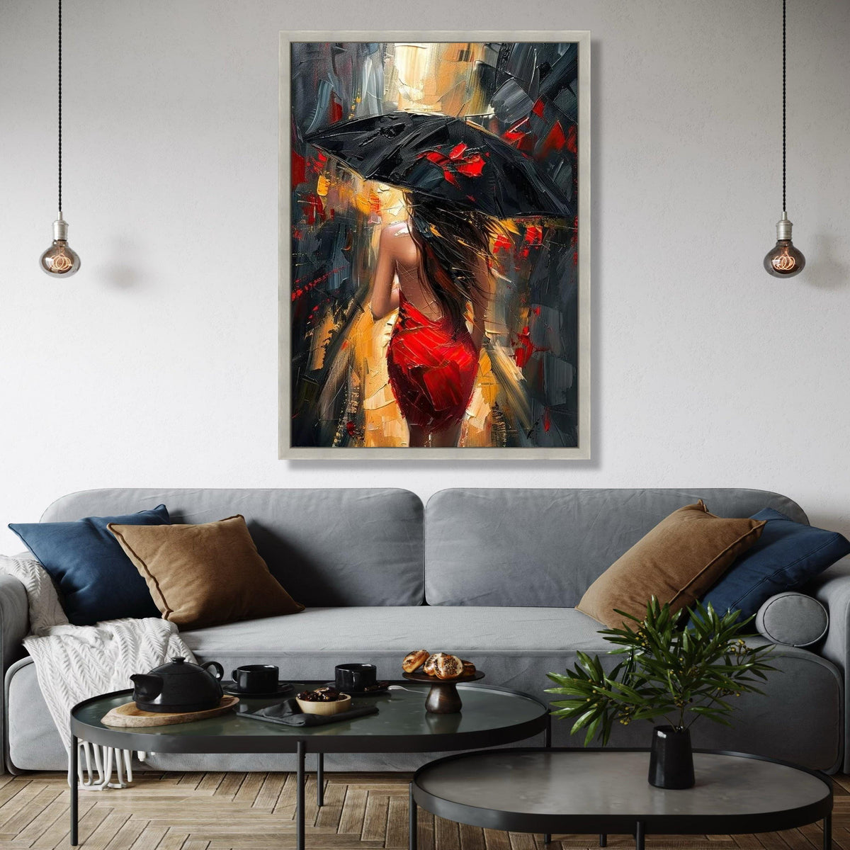 Woman in Red Dress with Black Umbrella Canvas, Abstract Cityscape Wall Art, Modern Urban Scene Painting, Impasto Gift Art, Home Decor, Print