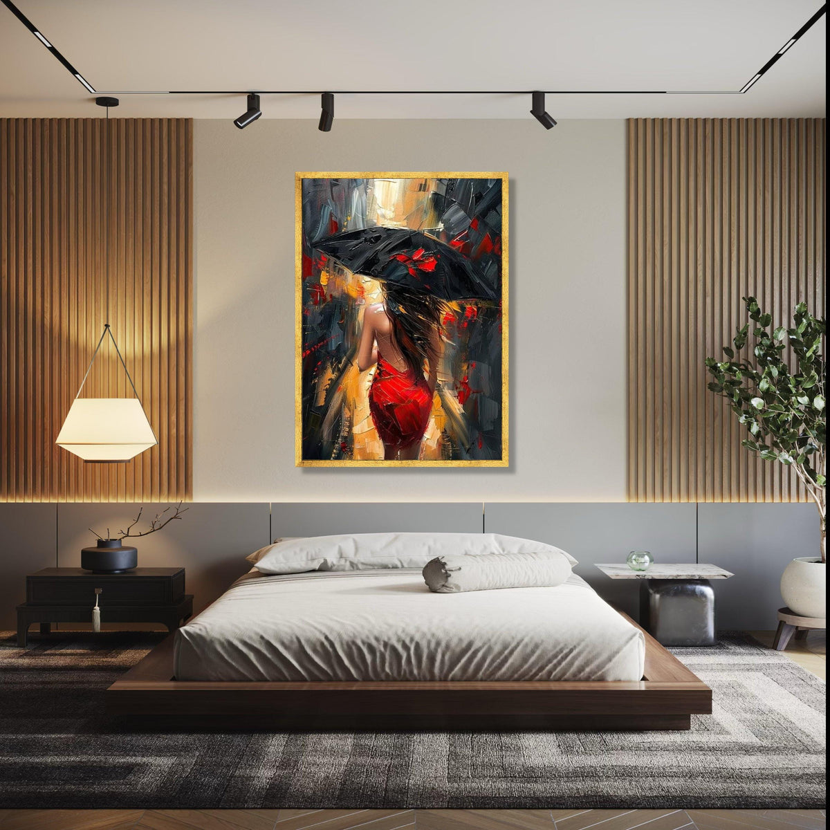 Woman in Red Dress with Black Umbrella Canvas, Abstract Cityscape Wall Art, Modern Urban Scene Painting, Impasto Gift Art, Home Decor, Print