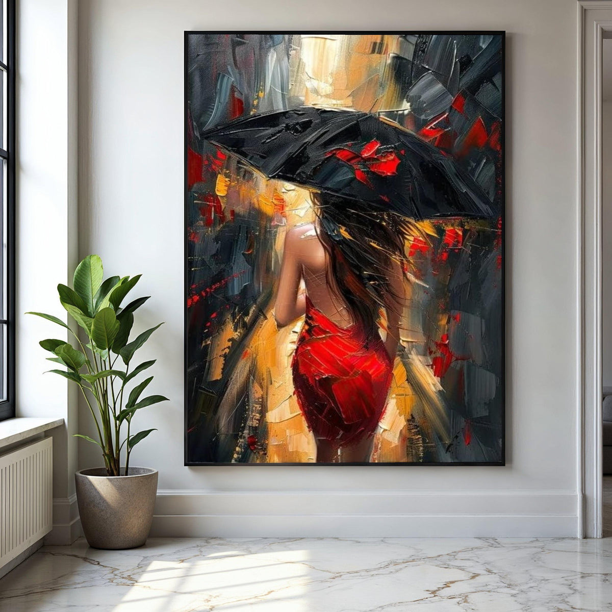 Woman in Red Dress with Black Umbrella Canvas, Abstract Cityscape Wall Art, Modern Urban Scene Painting, Impasto Gift Art, Home Decor, Print