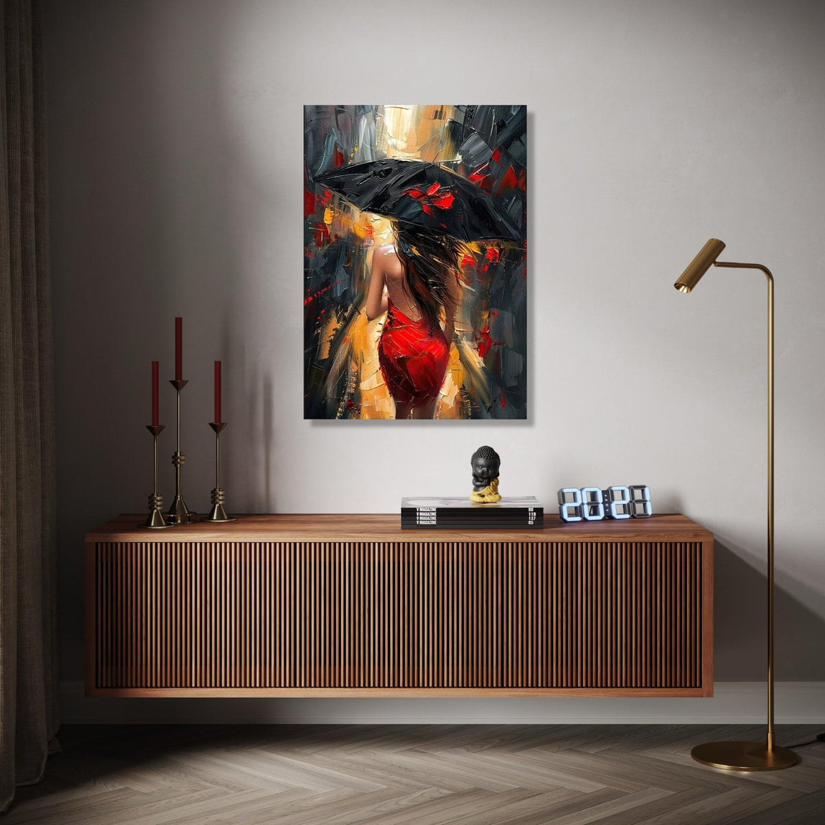 Woman in Red Dress with Black Umbrella Canvas, Abstract Cityscape Wall Art, Modern Urban Scene Painting, Impasto Gift Art, Home Decor, Print