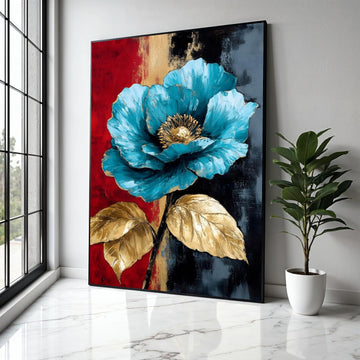 Elegant Blue Flower Canvas, Gold Leaf Accents Wall Art, Modern Floral Painting, Abstract Botanical Canvas, Home Gift Art, Home Decor, Print