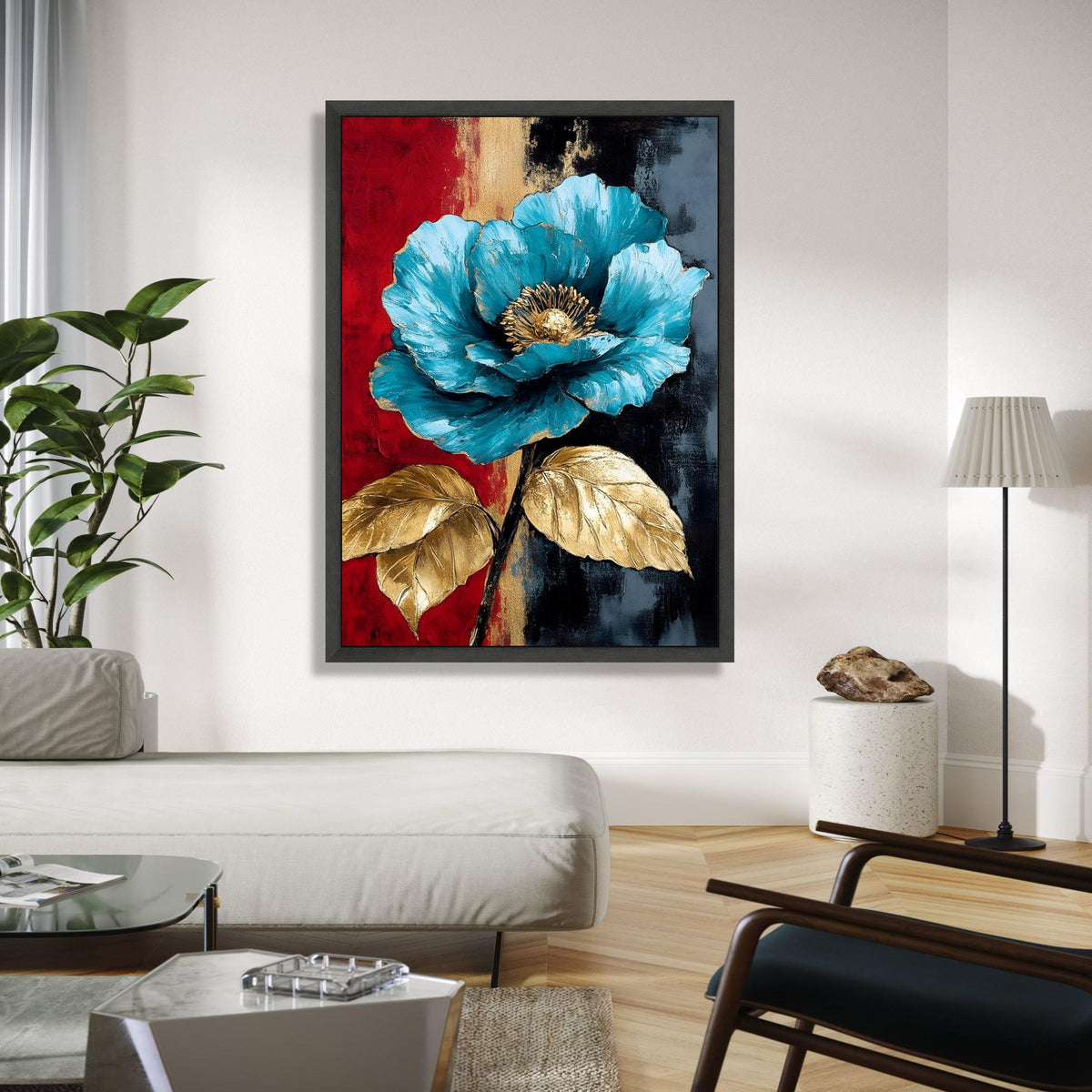 Elegant Blue Flower Canvas, Gold Leaf Accents Wall Art, Modern Floral Painting, Abstract Botanical Canvas, Home Gift Art, Home Decor, Print